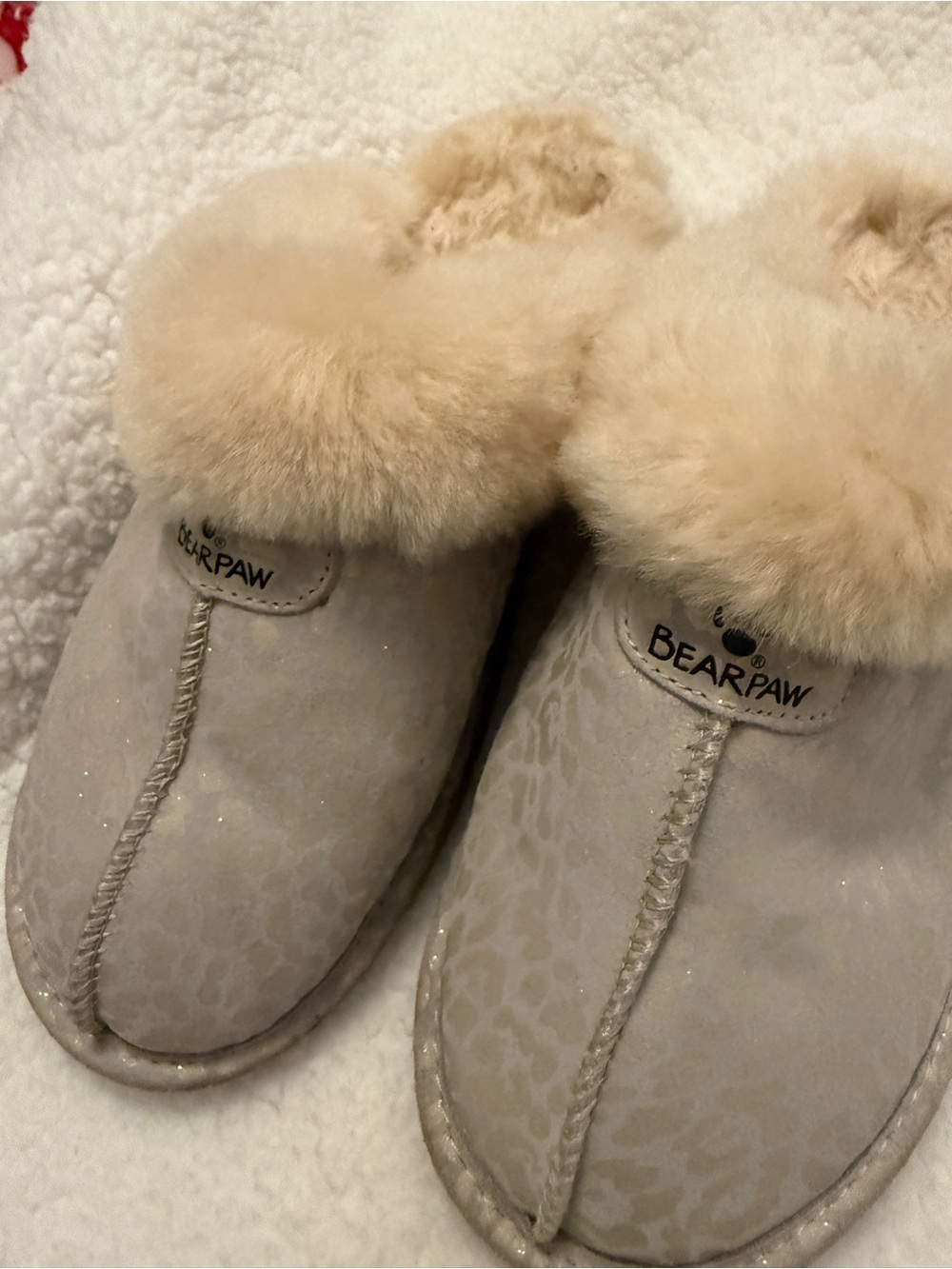 BearPaw Women's Glitter Leopard Suede Slip-On Bootie in grey leopard